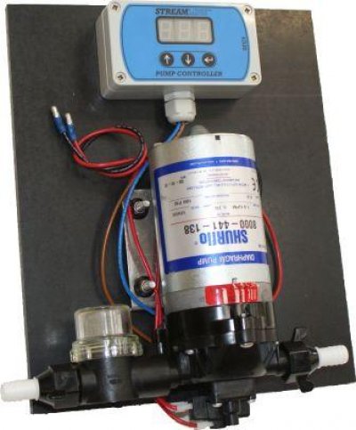 Pump and controller mounted on a board, includes prefilter and hose tails